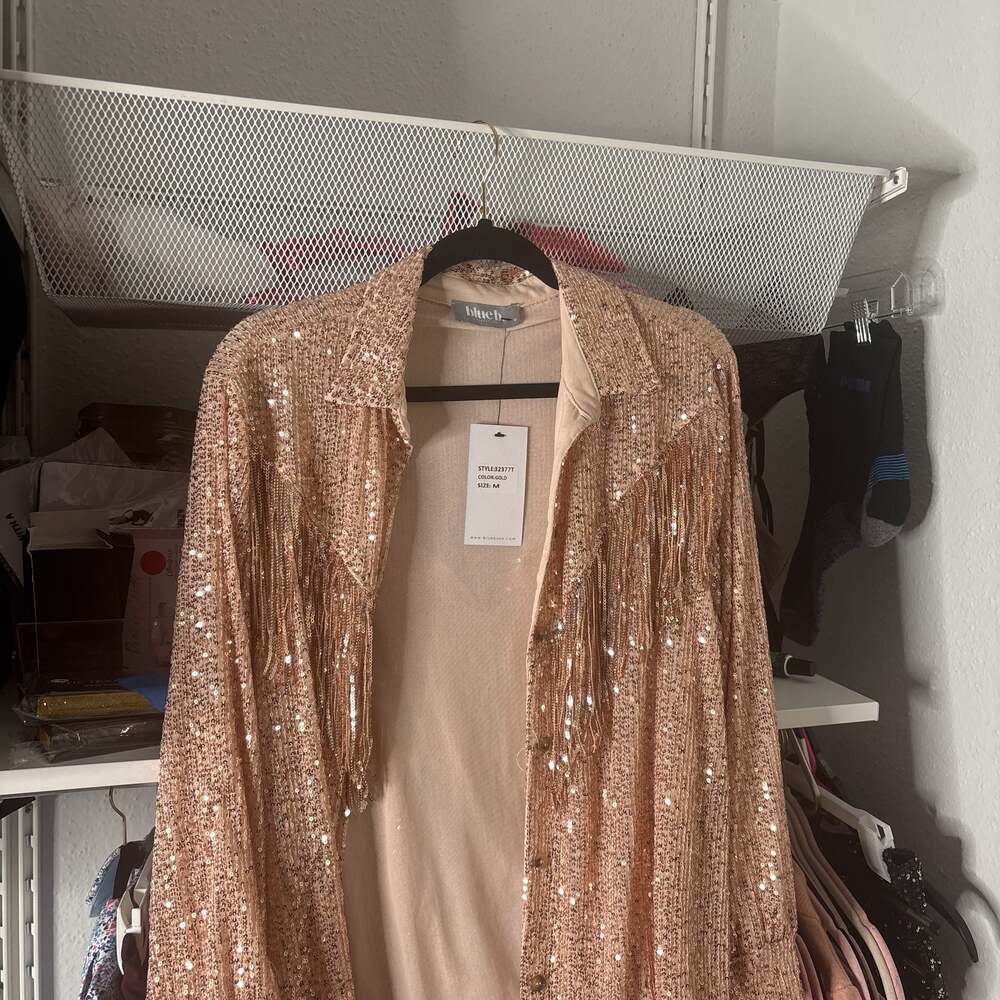 Blue b sequin fringe button up blouse